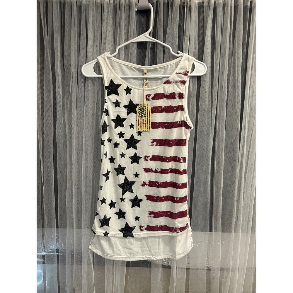 True Rock NWT American Flag Tank Top Stars and Stripes Patriotic White L #146